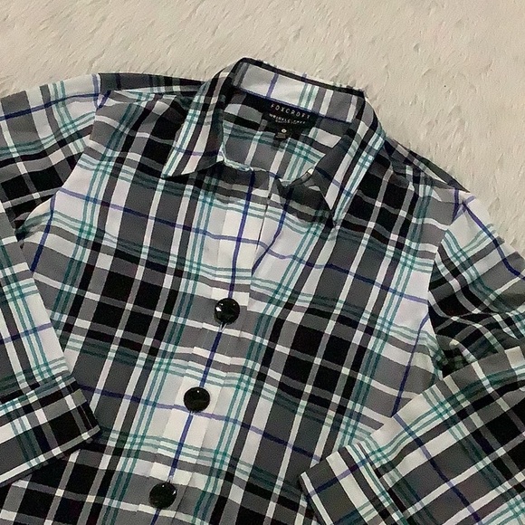 Foxcroft women’s wrinkle free shape fit black blue plaid button down shirt 4p - Picture 2 of 5